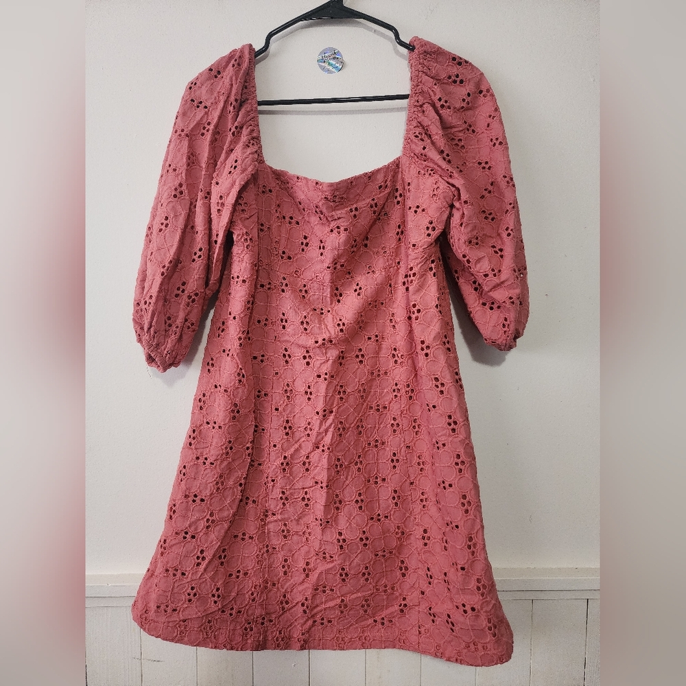 LUCA+GRAE. Pink Square Neck Puff Sleeve Sundress SIZE L.